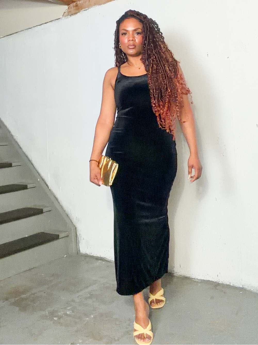 Vintage Black Velvet Midi Dress, S